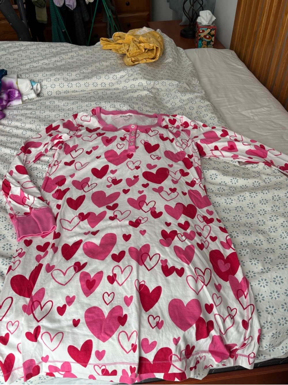 Pink Heart-Print Long Sleeve Pajama Nightgown